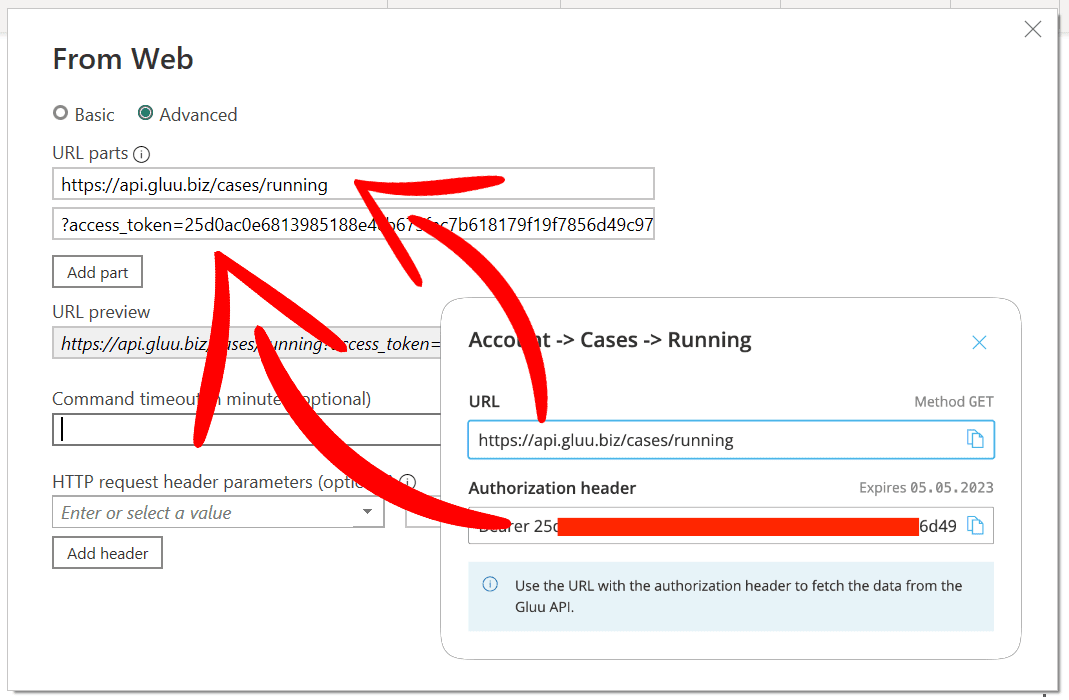 Example of how to add url and token to power BI importing data from web