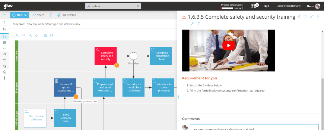 Screenshot der Gluu Web Application beim Betrachten der Arbeitsanweisungen eines Prozesses