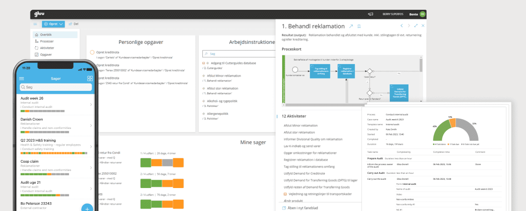 Tre visninger af Gluu: en rapport, en mobilvisning og webapplikationen