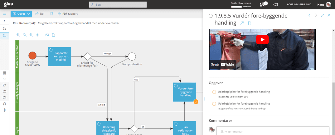 Skærmbillede af Gluu Web Application, mens du ser på arbejdsinstruktionerne for en proces