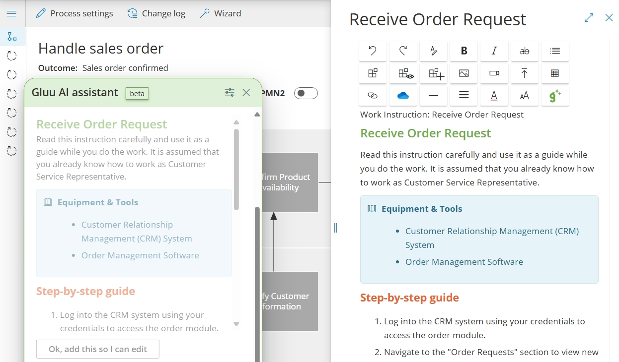 Gluu activity with an AI-drafted work instruction showing the Why and How sections