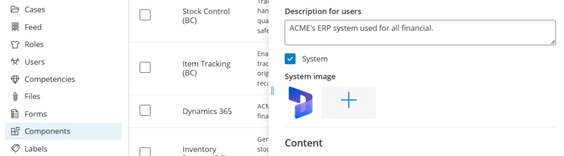 Component settings showing the System toggle and icon upload option
