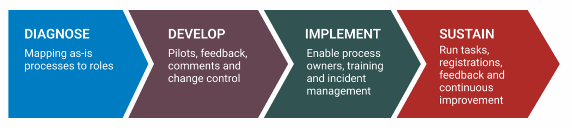 Row of boxes: Diagnose, develop, implement, sustain