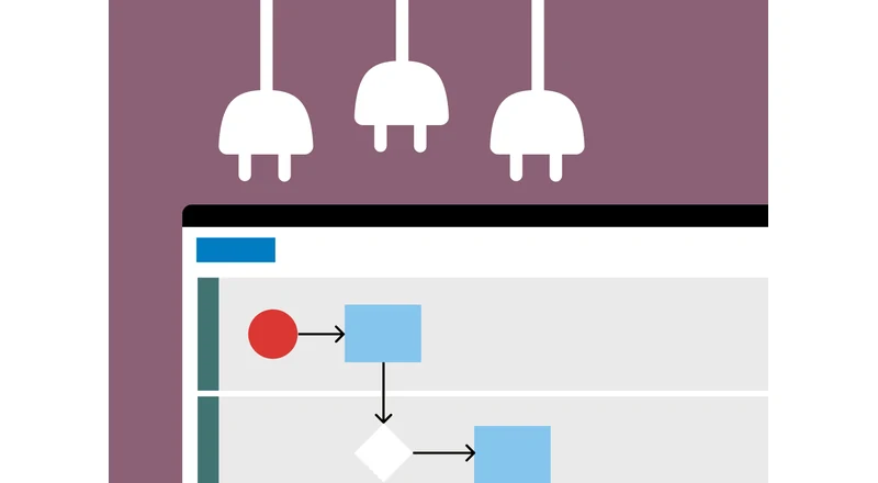 Symbol des Add-ons „API und Connectors“ mit Stecker-Icons über einem Prozessdiagramm