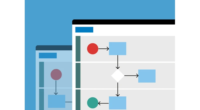 Symbol des Add-ons „Versionierung“ mit einem Prozessdiagramm in einem Stapel von Versionskarten