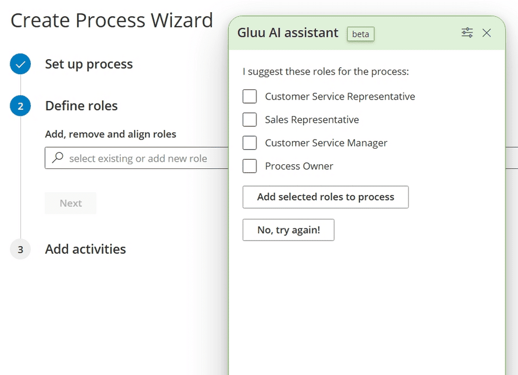 Gluu AI assistant suggesting roles to add while creating a new process in the Create Process Wizard