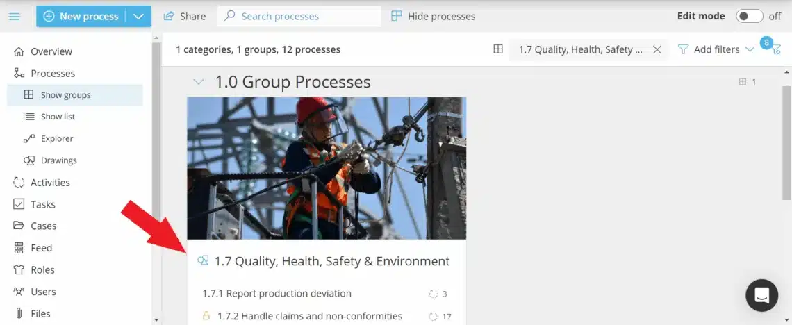 Gluu process overview page with a drawing link icon next to a process group that opens the linked diagram