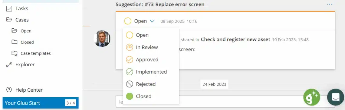 Change suggestion status dropdown open showing Open, In Review, Approved, Implemented, Rejected and Closed