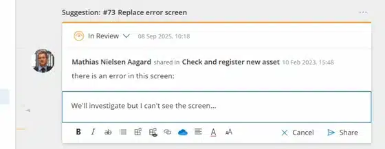 Change suggestion set to In Review status with a reply being drafted underneath