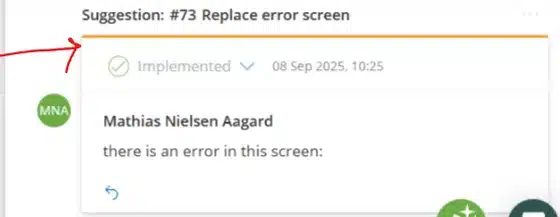 Version changes summary showing a change suggestion marked Implemented