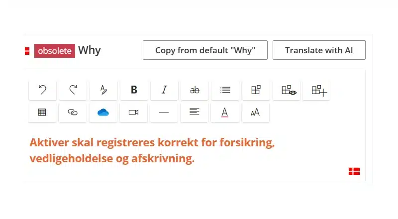 Forældet dansk oversættelse af en arbejdsinstruktion i Gluu ved siden af en Oversæt med AI-knap