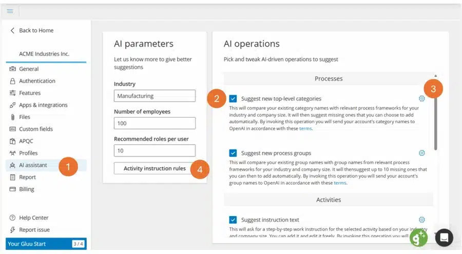 Gluu AI assistant settings with Activity instruction rules highlighted for defining the work instruction template