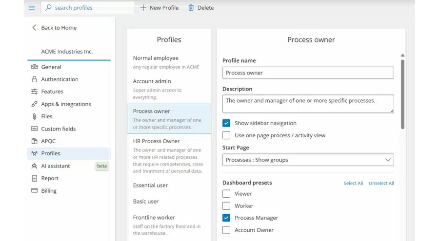 Gluu Profiles settings showing a Process owner profile with sidebar navigation and dashboard presets