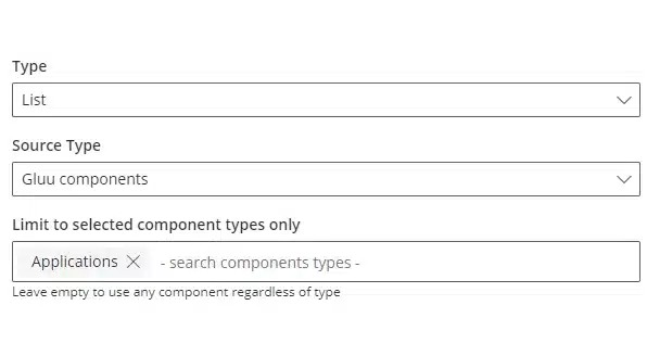 Custom field editor configuring a multi-select field sourced from Gluu components