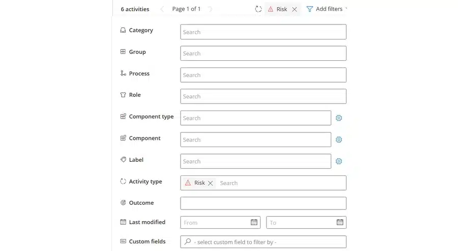 Activity filter panel in Gluu with category, role, activity type and custom field filters