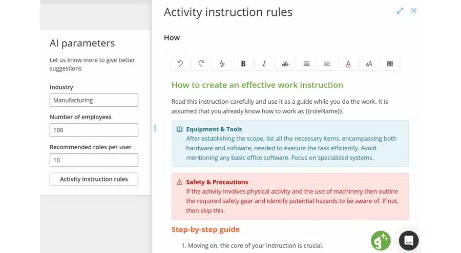 Activity instruction rules editor showing the default work instruction template with equipment and safety sections