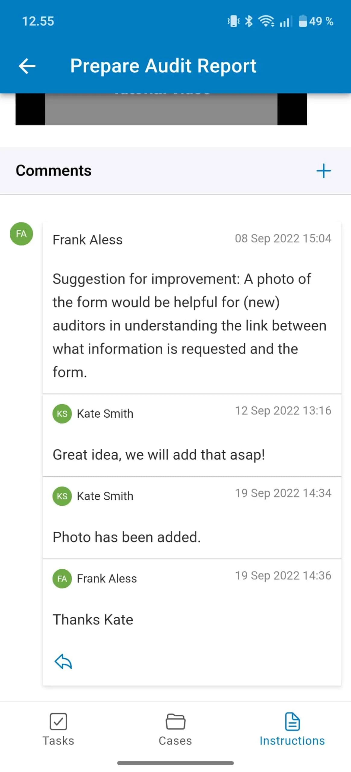 Gluu mobile work instruction showing why and how steps, with a highlighted safety warning