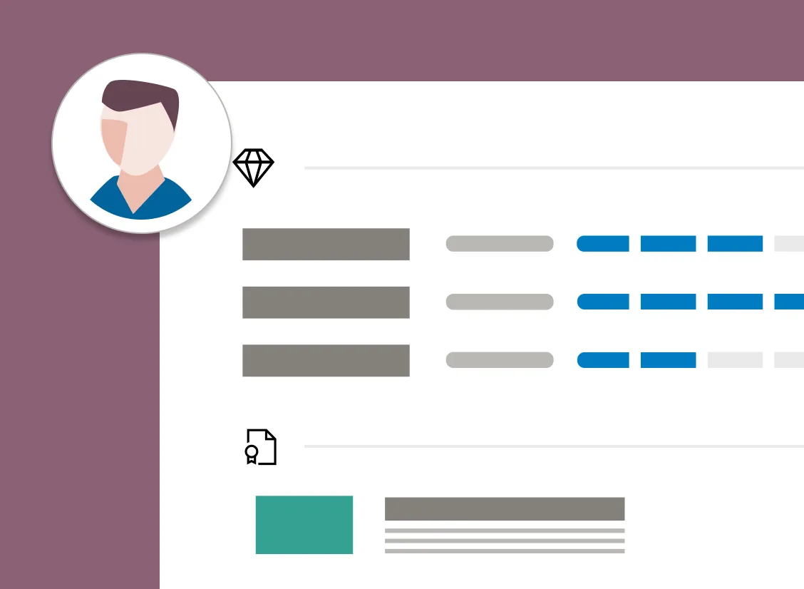 Illustrated employee profile card showing competency ratings, a certificate icon and progress bars, matching the HR Manager add-on icon on Gluu's pricing page