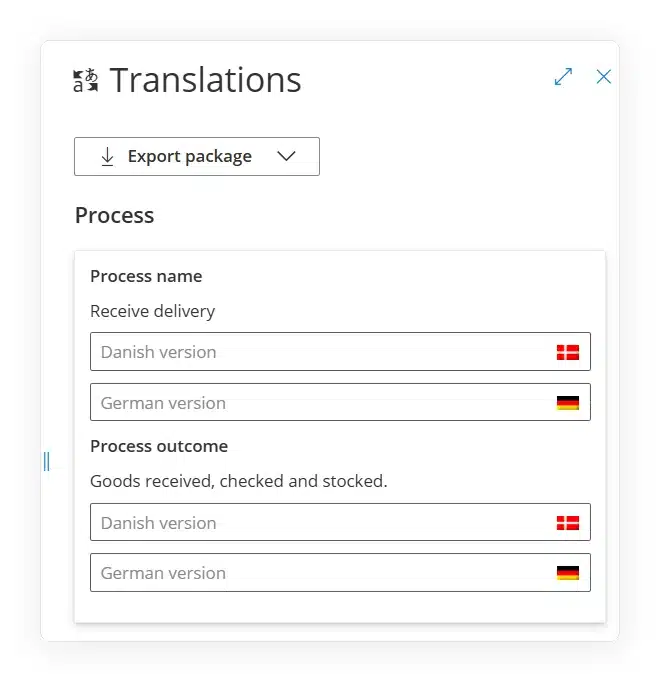 Gluu Translations panel with empty Danish and German fields for a process name and outcome