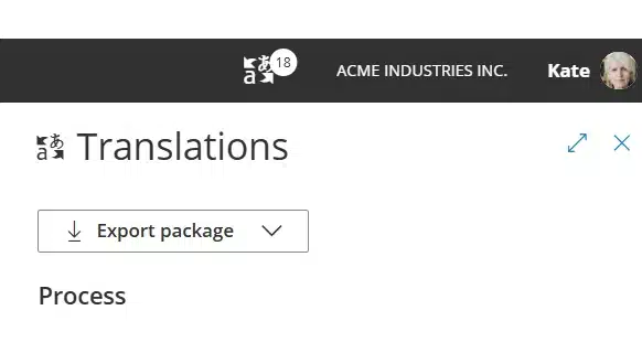 Gluu top bar with the Translations icon showing 18 pending items, above the Translations panel it opens