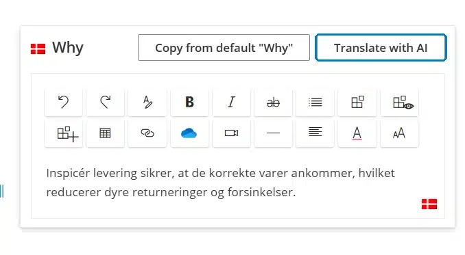 Danish translation of a work instruction's Why text in Gluu, beside Copy from default and Translate with AI buttons