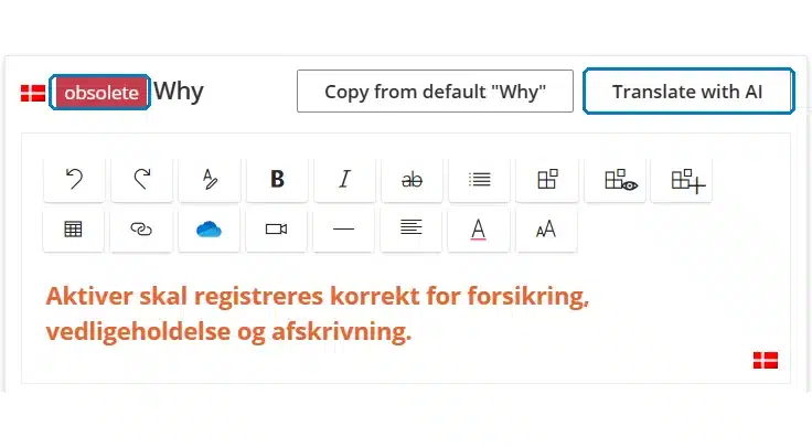 Gluu work instruction translation marked obsolete, with a Translate with AI button to refresh it