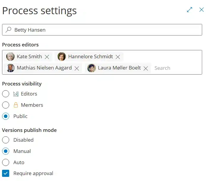 Process settings panel in Gluu with Versions publish mode set to Manual and Require approval checked