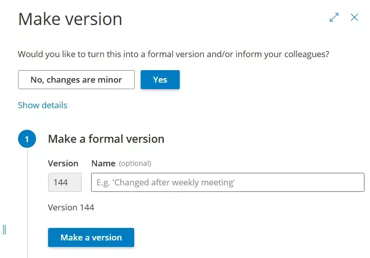 Make version dialog in Gluu for turning a process revision into a named, numbered version