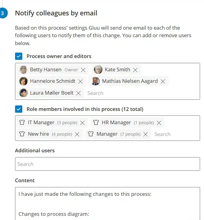 Notify colleagues by email panel in Gluu with process owner, editors and role members selected