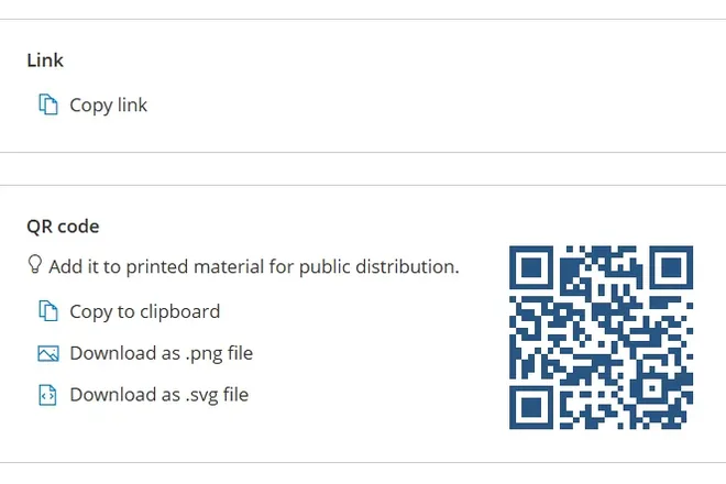 Gluu share panel with Copy link for the shortlink and QR code options to copy, download as PNG or SVG