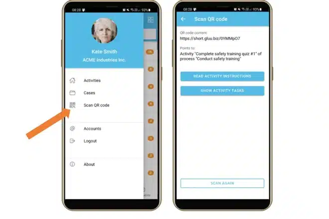 Gluu mobile app menu with Scan QR code, and a scan result naming the activity the code points to