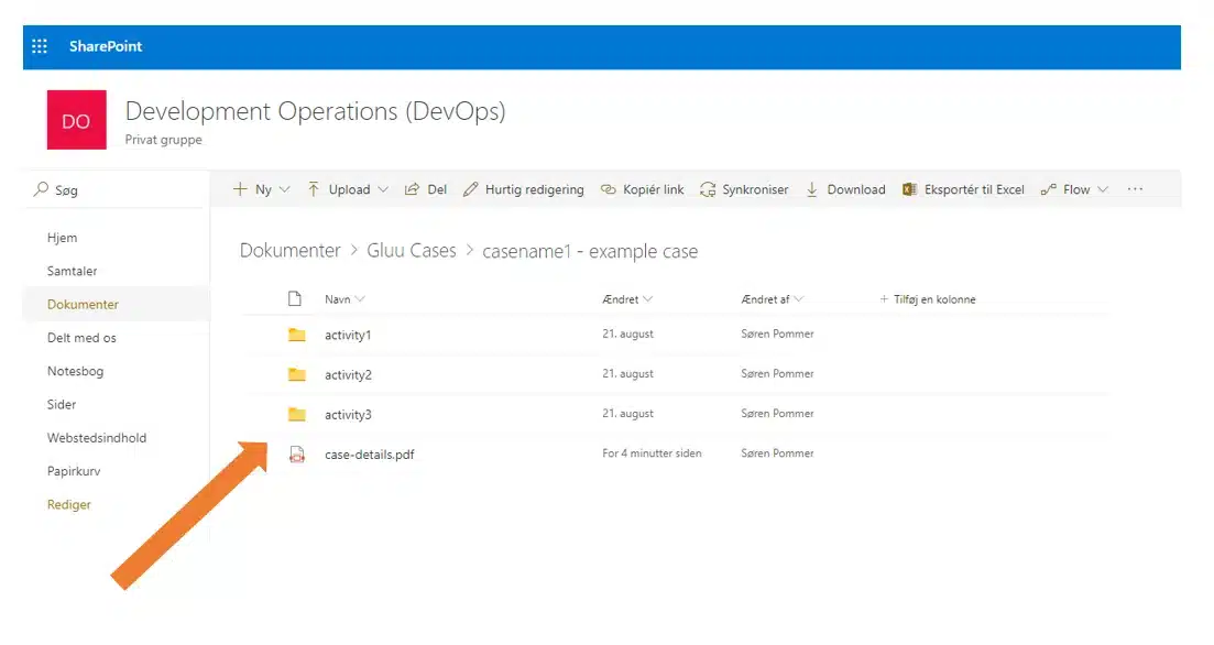 SharePoint document library showing an automatically created case folder with activity subfolders and a case file