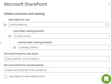 Gluu SharePoint settings for root folder location and case, activity and file naming standards