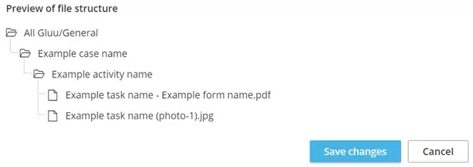 Preview of the SharePoint folder structure Gluu will create for a case before saving the setup