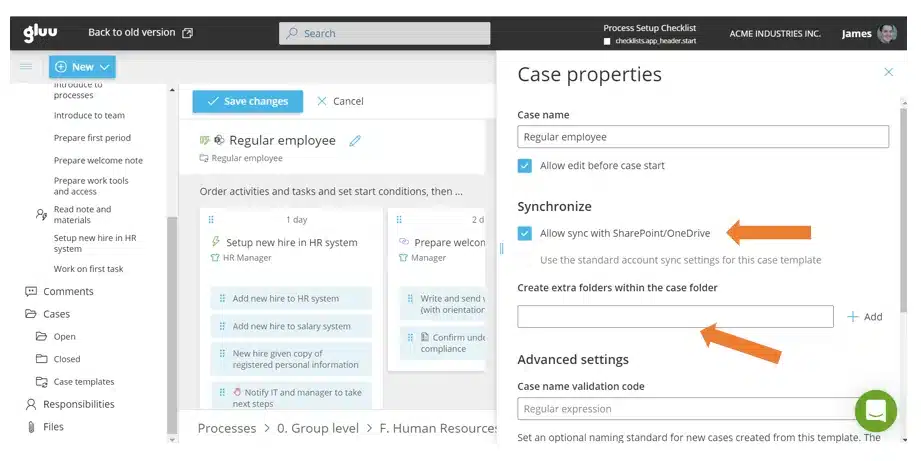 Case template settings in Gluu with Allow sync with SharePoint/OneDrive turned on