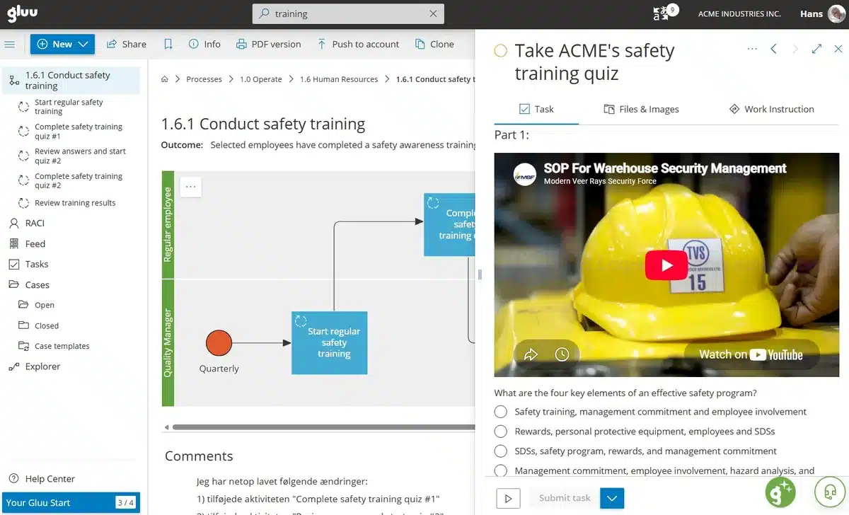 Gluu process diagram for conducting safety training with a training quiz open in the task panel, showing an embedded video and multiple-choice answers