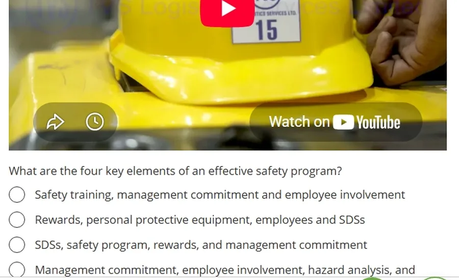 A Gluu training quiz form with an embedded safety video above a multiple-choice question and four answer options