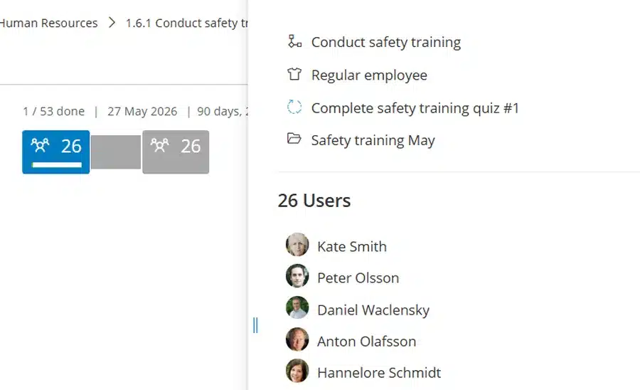 Gluu case progress for a safety training case, showing tasks done, the deadline and the 26 users assigned the quiz