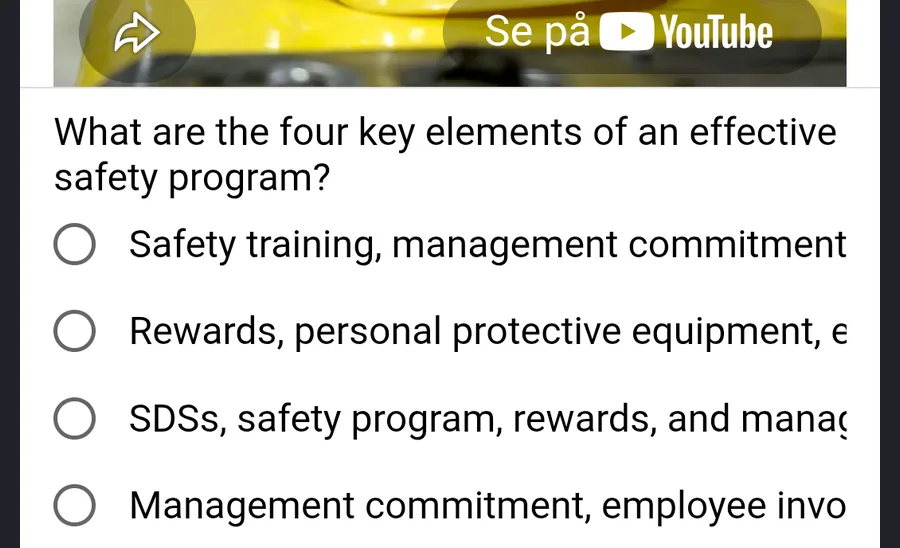 A safety training quiz in the Gluu mobile app, with the training video above the question and its answer options