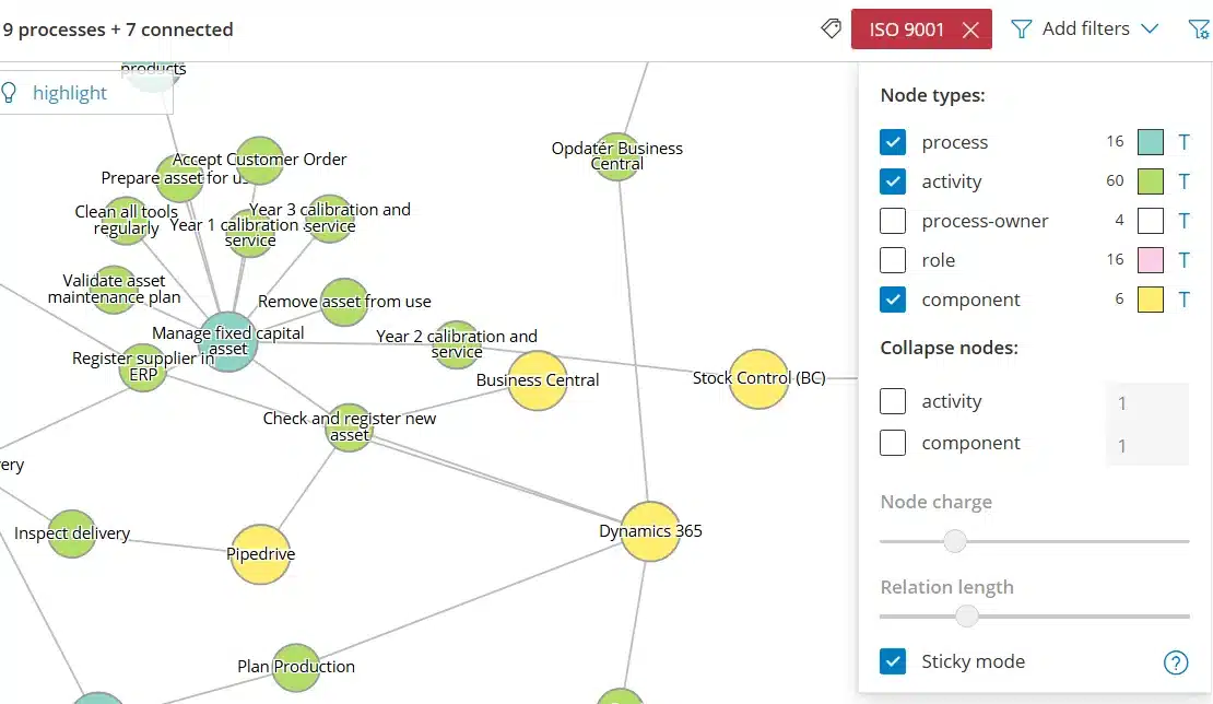 Gluu Explorer node type filters with node charge, relation length and sticky mode controls