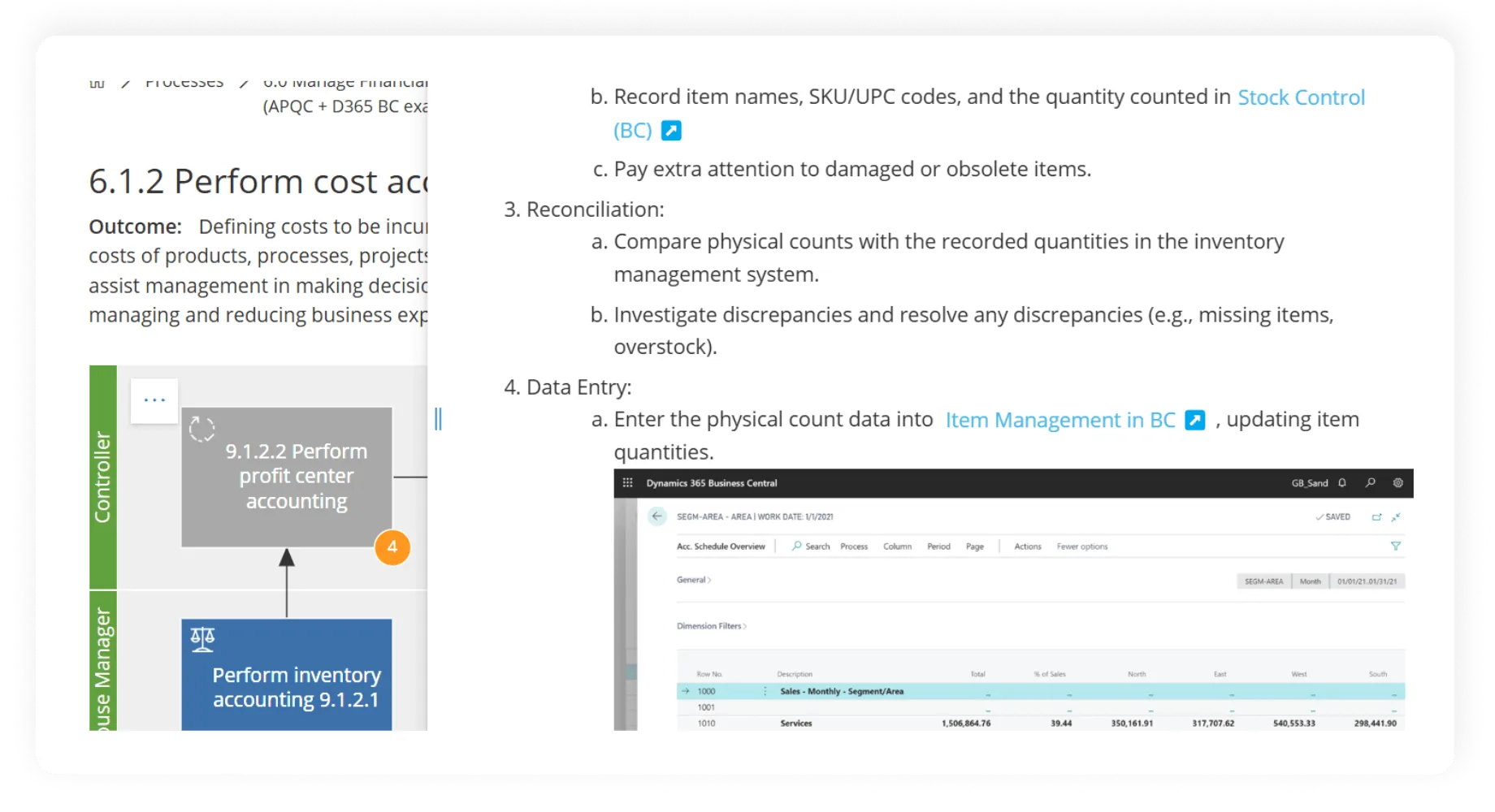 Gluu process management interface showing process workflow. Left side displays a process map with activities assigned to different roles. Right side shows detailed work instructions with step-by-step guidelines. The interface demonstrates how work instructions are embedded directly within process activities for seamless access.