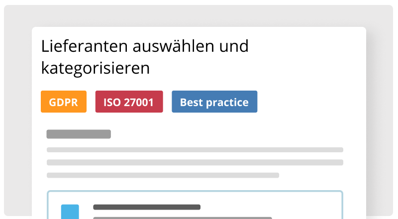 Gluu-Aktivität „Lieferanten auswählen und kategorisieren“, getaggt mit den Labels DSGVO, ISO 27001 und Best Practice