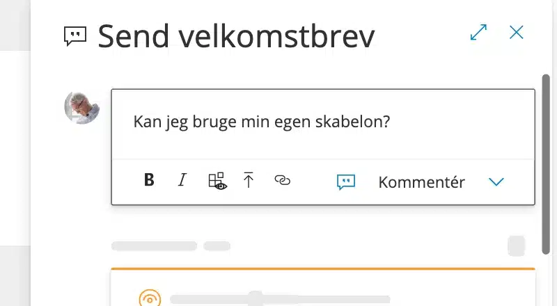 Kommentarfeld der Gluu-Aktivität „Willkommensbrief senden“ mit der eingegebenen Frage „Kann ich meine eigene Vorlage verwenden?“