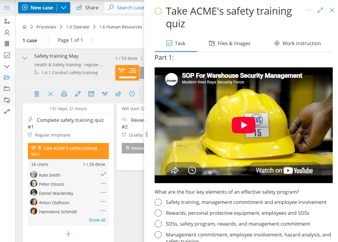 A user's own copy of the multi-user task Take ACME's safety training quiz, open next to the case overview