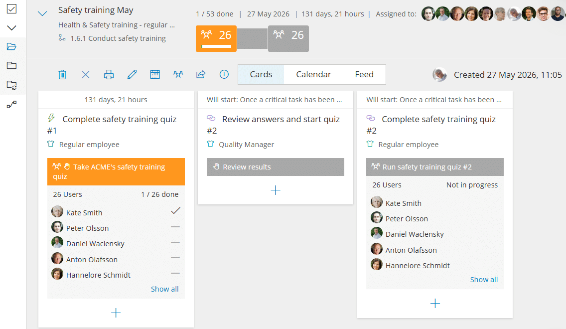 A running safety training case where a multi-user quiz task assigned to 26 users shows 1 of 26 done, with a tick next to each user who has completed it