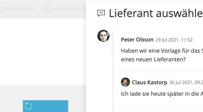 Kommentar-Thread zur Aktivität „Lieferanten auswählen“ neben der Gluu-prozesskarte, mit einer Frage von Peter Olsson und einer Antwort von Claus Kastorp